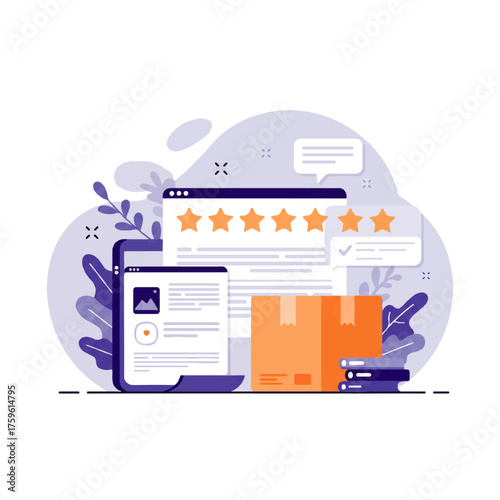 Digital illustration showcasing online reviews, a mobile device, and a package, representing customer feedback and e-commerce.