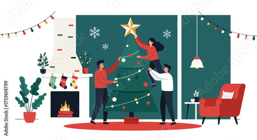 People Decorating Christmas Tree with Star Ornament.