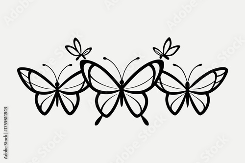 Black and white butterfly vector illustration on white background with floral and decorative elements