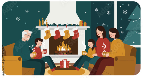 Family Gathering Around Fireplace Celebrating Christmas Together.
