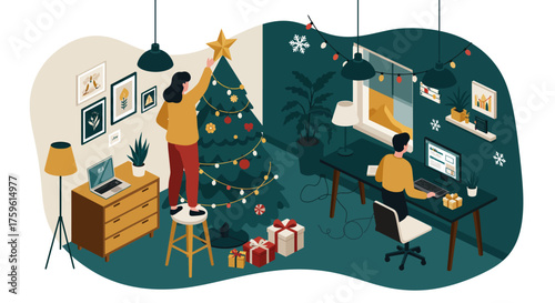 People Decorating Christmas Tree and Working at Home.