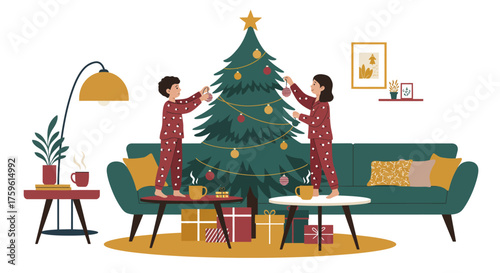 Two People Decorating Christmas Tree Together.