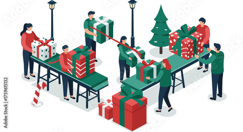 People Wrapping and Presenting Christmas Gifts Together.