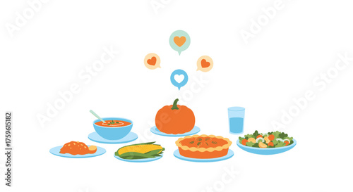 Thanksgiving feast illustration featuring pumpkin, pie, soup, salad, and other dishes.