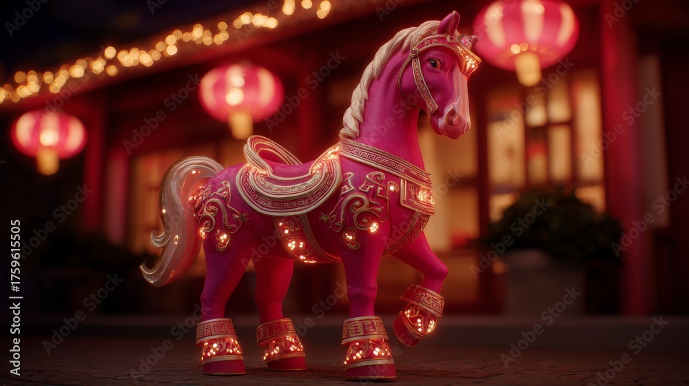Fototapeta premium Ornate pink carousel horse with lanterns and intricate gold details at night