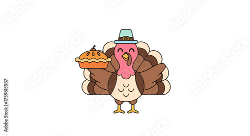 A cartoon turkey wearing a pilgrim hat, holding a pie, celebrating Thanksgiving with joy.