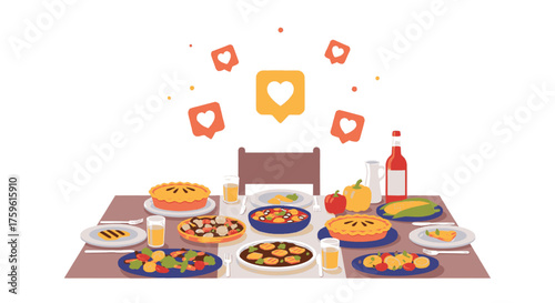 A beautifully set table laden with a variety of delicious dishes, drinks, and desserts, symbolizing a festive gathering and shared enjoyment.