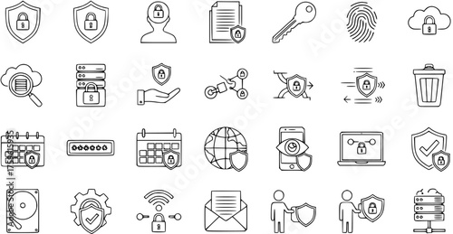 Comprehensive Line Icon Set for Cybersecurity, Data Protection, and Digital Privacy. Featuring Network Security, Cloud Storage, Biometrics, and Online Safety Outline Symbols.