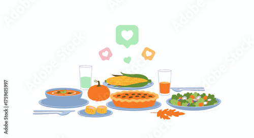 Thanksgiving dinner table with various dishes, pumpkin, corn, and drinks, with heart icons.