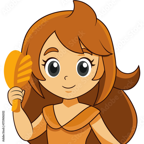 Cartoon Girl With Brown Hair Brushing Hair With Brush