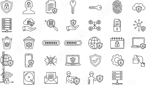 Cybersecurity and Data Protection Line Art Icons Set - Digital Security, Privacy, and Data Management Vector Symbols