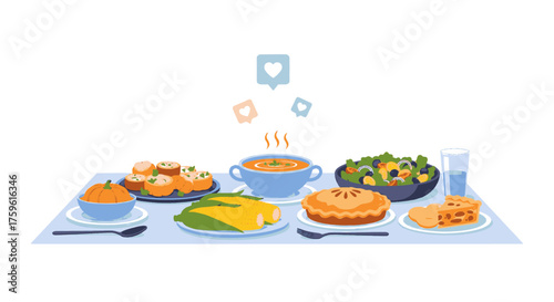 A festive dinner table laden with various dishes like soup and pie, receiving social media likes and comments.