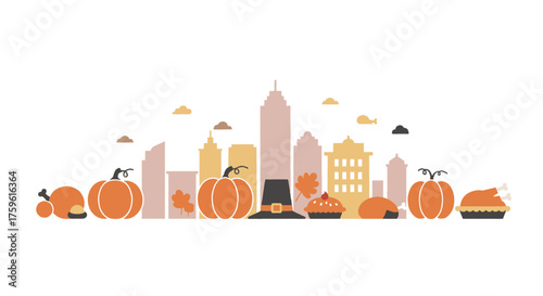 A festive Thanksgiving cityscape illustration featuring pumpkins, pies, turkeys, and a pilgrim hat against a backdrop of stylized buildings.