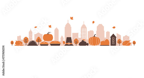 Thanksgiving-themed skyline illustration featuring pumpkins, pies, and other festive elements.