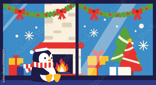 Festive Penguin in Winter Scene with Christmas Decorations.