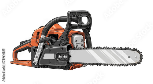 Orange and black gasoline-powered chainsaw with a long metal bar and chain, ready for heavy-duty cutting tasks