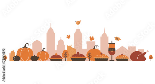 Thanksgiving cityscape illustration with pumpkins, pies, and a turkey against a skyline.