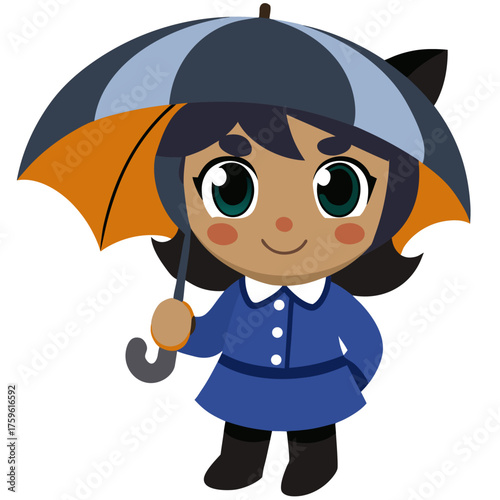 Cute cartoon girl holding umbrella in blue dress