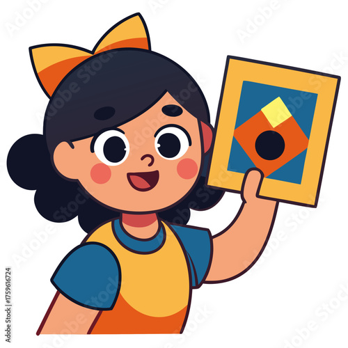 Smiling cartoon girl holding up a colorful piece of artwork