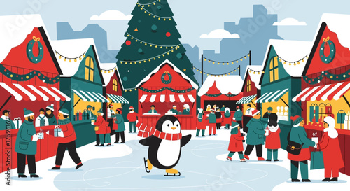 Cheerful Penguin Ice Skating at Christmas Market.