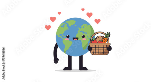 Cute cartoon planet Earth character holding a basket of fresh fruits and vegetables with love hearts.