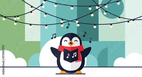 Singing Penguin with Red Scarf and Musical Notes.