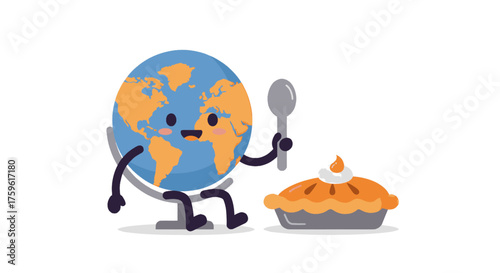 A cute cartoon Earth globe character with a happy face sits holding a spoon, ready to eat a delicious pie.