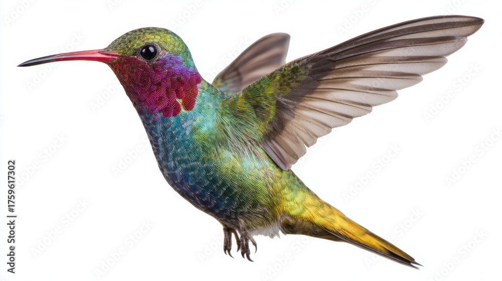Obraz premium A vibrant hummingbird dances in the air showcasing its bright feathers near blooming flowers.