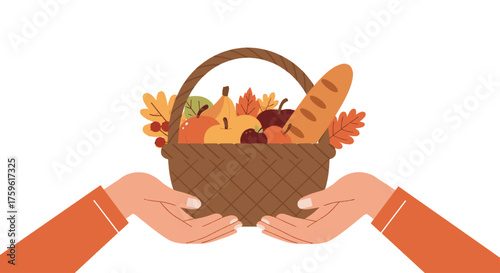 Hands holding a basket filled with food and autumn leaves.