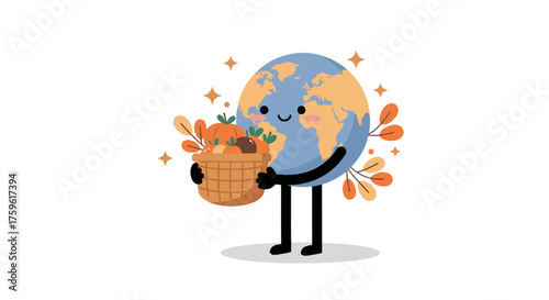 A cute cartoon Earth character with a happy face holding a basket full of autumn harvest vegetables and leaves, surrounded by fall foliage.