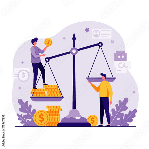Illustration of two people balancing money on a scale, symbolizing financial equilibrium and investment.