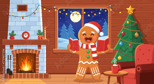 Cheerful Gingerbread Man Singing Christmas Carols Joyfully.