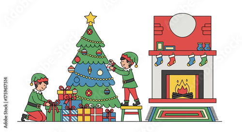 Christmas Elves Decorating Tree with Gifts and Fireplace.