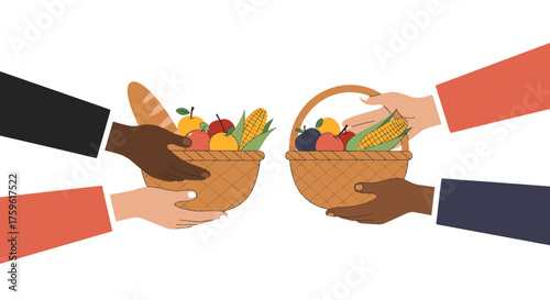 Two pairs of diverse hands exchanging or sharing baskets filled with fresh food items like bread, fruits, and vegetables, symbolizing donation and community support.