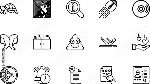 A diverse set of black and white line icons representing various concepts and objects on a white background.