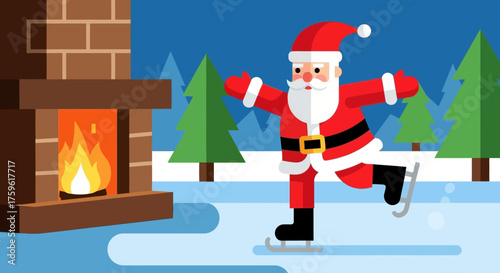 Santa Claus Ice Skating in Winter Scene.