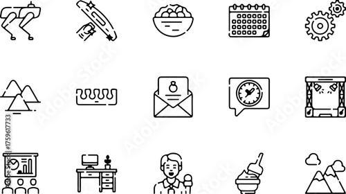 A diverse collection of fifteen black and white line art icons representing various concepts and objects.