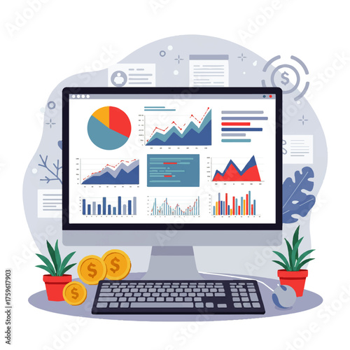 A computer screen displays various financial charts and graphs with currency symbols.