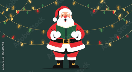 Cheerful Santa Claus Singing from a Book.