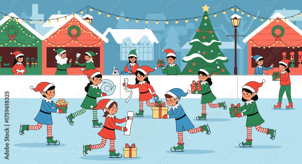 Fototapeta premium Festive Elves Ice Skating and Delivering Christmas Gifts.