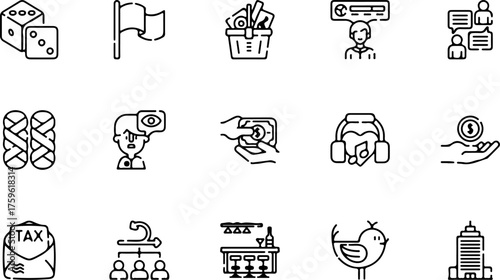 A diverse set of modern thin line icons representing concepts like business, finance, communication, and leisure.