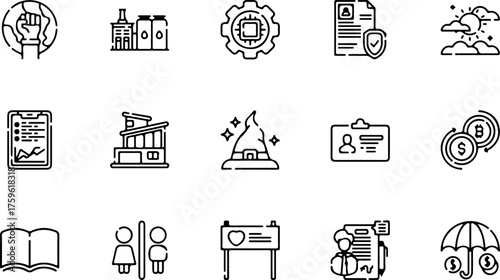 A diverse collection of fifteen black and white line art icons representing various concepts like finance, technology, and social issues.