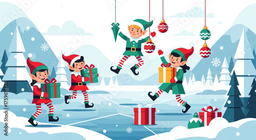 Festive Christmas Elves Delivering Gifts in Winter Scene.