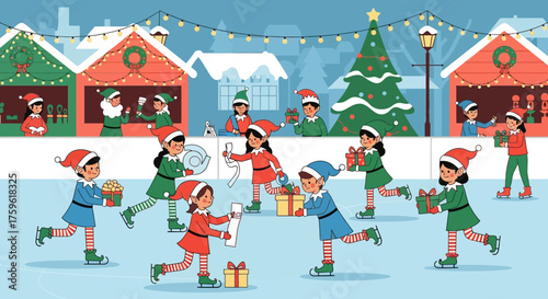 Festive Elves Ice Skating and Delivering Christmas Gifts.