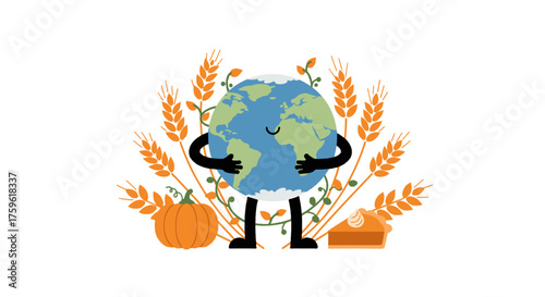 A cute cartoon Earth character embracing itself, surrounded by golden wheat stalks, a pumpkin, and a slice of pumpkin pie, symbolizing harvest and environmental care.