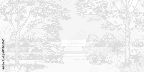 Serene garden path leading to stone steps and a white bench surrounded by trees and foliage