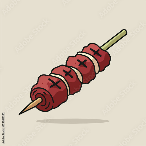 Delicious grilled meat with onions on a skewer suitable for food blogs, bbqrelated articles, restaurant menus, and culinary designs. Flavorful dish presentation.