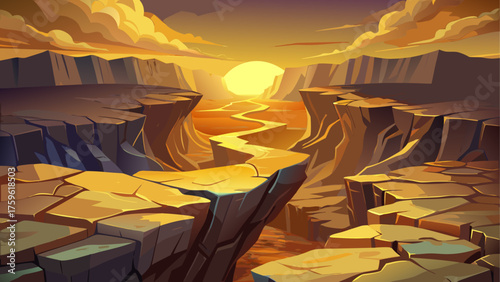 Cracked earth in arid canyon, golden sunlight casting shadows across deep fissures, warm tones and texture highlighting ancient geological forces
