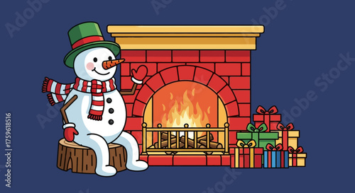Cheerful Snowman Beside a Cozy Fireplace with Gifts.