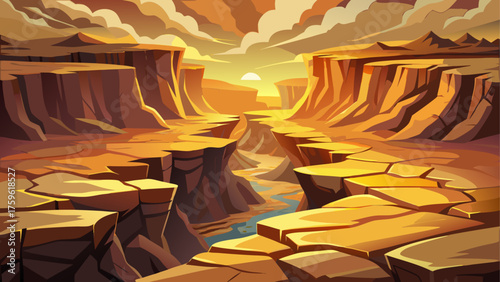 Cracked earth in arid canyon, golden sunlight casting shadows across deep fissures, warm tones and texture highlighting ancient geological forces